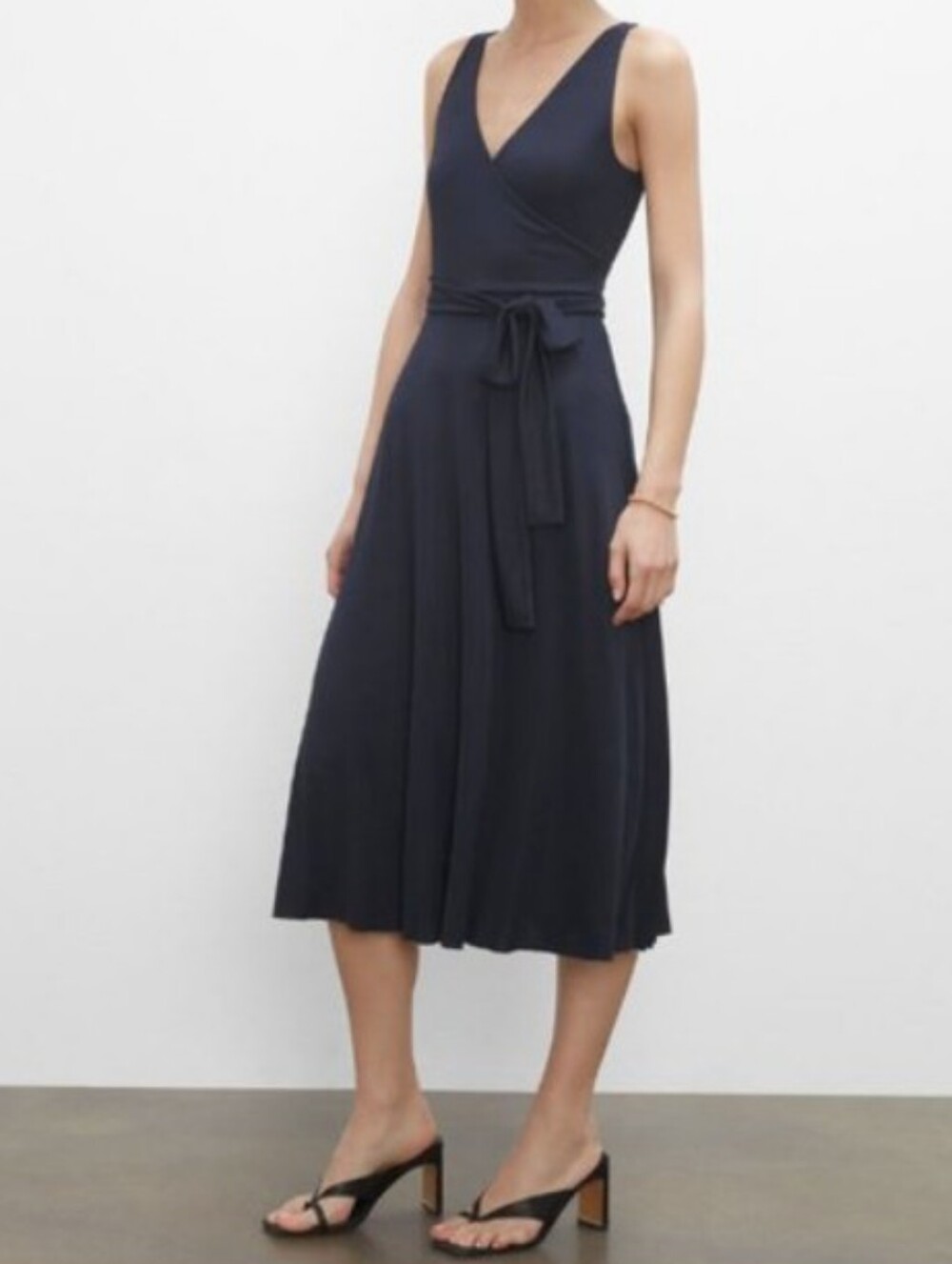 Club Monaco Jadrien Wrap Midi Dress with Tie Waist Black Ribbed